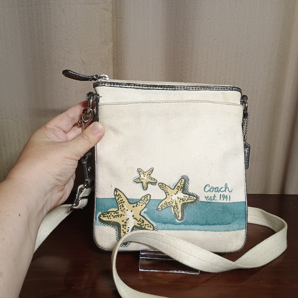 Coach Beach Starfish Canvas & Silver Leather Accent Crossbody